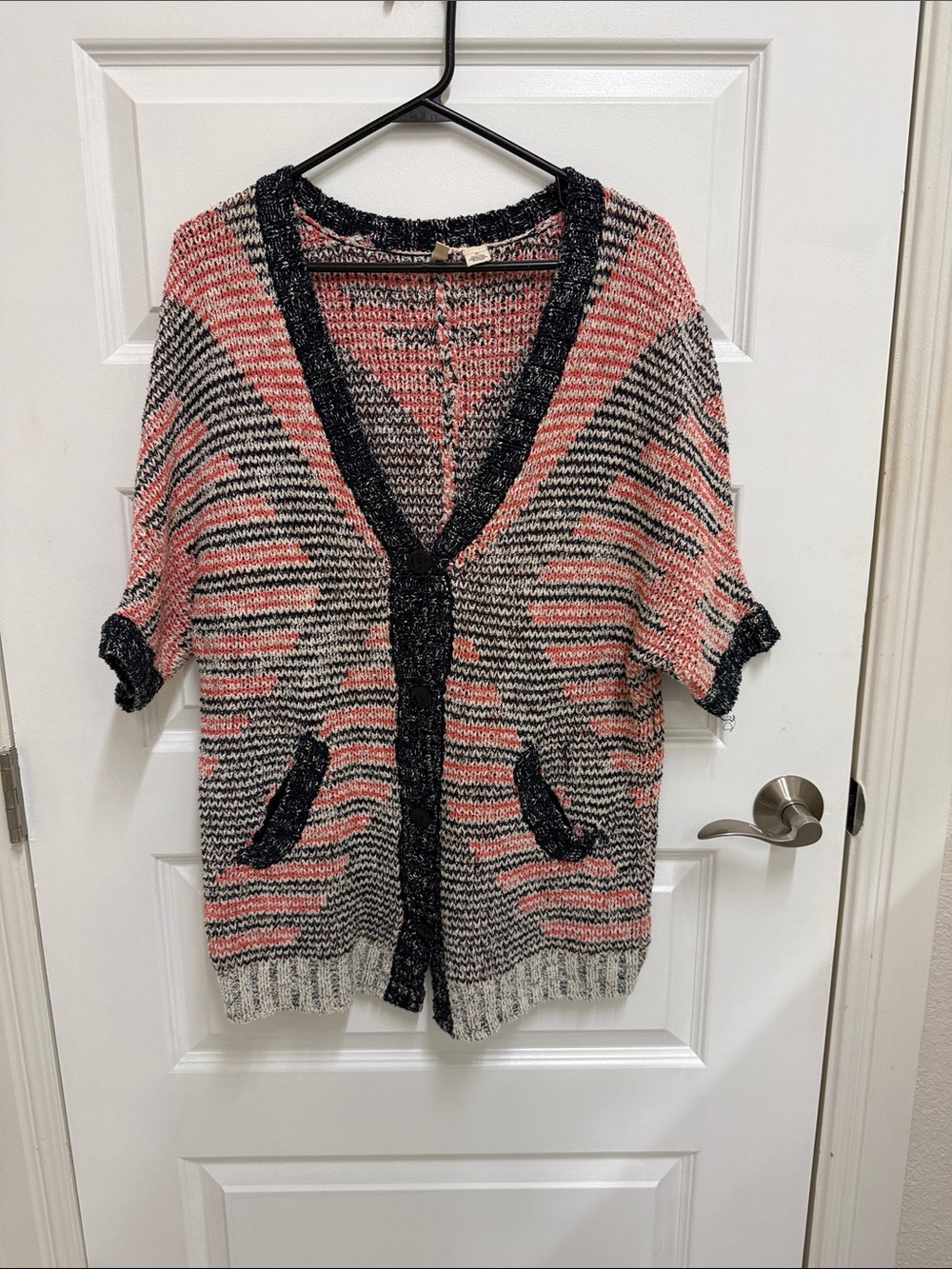 Moth Striped Coral and Black Knit Cardigan Sweater